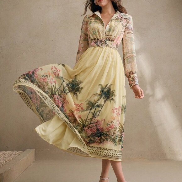 Yellow Boho Women's Floral Print Sleeve Cinched Waist Maxi Dress - Picture 5 of 7